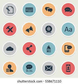 Set Of 16 Simple User Icons. Can Be Found Such Elements As Share, Loudspeaker, Broadcast And Other.