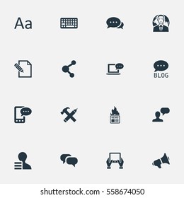 Set Of 16 Simple User Icons. Can Be Found Such Elements As Keypad, Loudspeaker, E-Letter And Other.