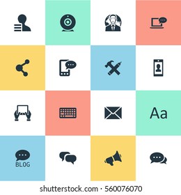 Set Of 16 Simple User Icons. Can Be Found Such Elements As International Businessman, Argument, Loudspeaker And Other.