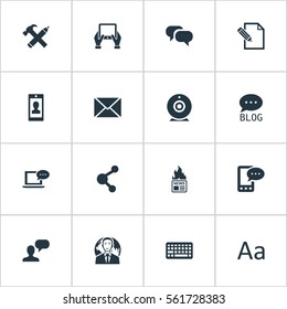 Set Of 16 Simple User Icons. Can Be Found Such Elements As Gossip, Share, E-Letter And Other.