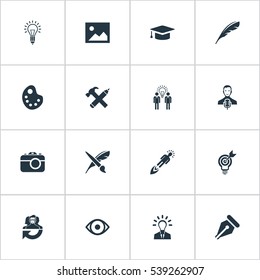 Set Of 16 Simple Visual Art Icons. Can Be Found Such Elements As Photo Tool, Entrepreneur, Business Discussion And Other.