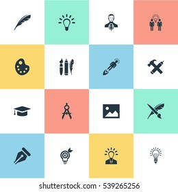 Set Of 16 Simple Visual Art Icons. Can Be Found Such Elements As Design Instruments, Image, Dividers And Other.