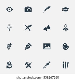 Set Of 16 Simple Visual Art Icons. Can Be Found Such Elements As Lightbulb, Project Aim, Academic Cap And Other.