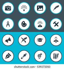 Set Of 16 Simple Visual Art Icons. Can Be Found Such Elements As Pencil, Design Instruments, Writing Tool And Other.