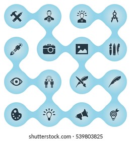 Set Of 16 Simple Visual Art Icons. Can Be Found Such Elements As View, Plume, Pencil And Other.