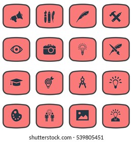 Set Of 16 Simple Visual Art Icons. Can Be Found Such Elements As Leader, Drawing Tool, Pencil And Other.