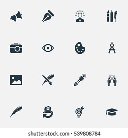 Set Of 16 Simple Visual Art Icons. Can Be Found Such Elements As Writing Tool, Dividers, Project Aim And Other.