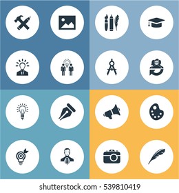 Set Of 16 Simple Visual Art Icons. Can Be Found Such Elements As Business Discussion, Performance, Academic Cap And Other.