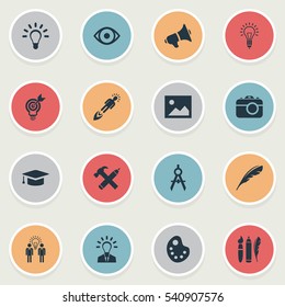 Set Of 16 Simple Visual Art Icons. Can Be Found Such Elements As Bullhorn, Dividers, Entrepreneur And Other.