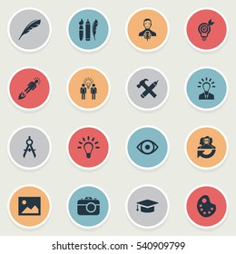 Set Of 16 Simple Visual Art Icons. Can Be Found Such Elements As Performance, Drawing Tool, Leadership And Other.