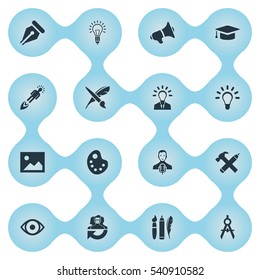 Set Of 16 Simple Visual Art Icons. Can Be Found Such Elements As Leader, View, Performance And Other.