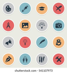 Set Of 16 Simple Visual Art Icons. Can Be Found Such Elements As Image, Pencil, Plume And Other.