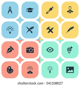 Set Of 16 Simple Visual Art Icons. Can Be Found Such Elements As Lightbulb, Drawing Tool, Brush And Other.