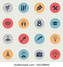 Set Of 16 Simple Visual Art Icons. Can Be Found Such Elements As Pencil, Entrepreneur, Business Discussion And Other.