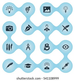 Set Of 16 Simple Visual Art Icons. Can Be Found Such Elements As Lightbulb, Leadership, Lightbulb And Other.