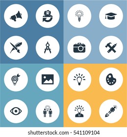 Set Of 16 Simple Visual Art Icons. Can Be Found Such Elements As Drawing Tool, View, Project Aim And Other.