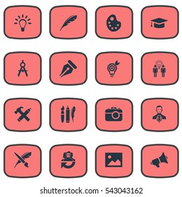 Set Of 16 Simple Visual Art Icons. Can Be Found Such Elements As Academic Cap, Leadership, Image And Other.