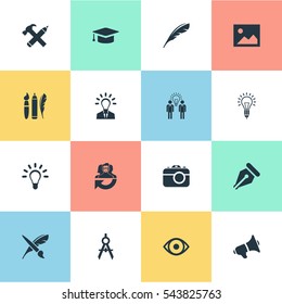 Set Of 16 Simple Visual Art Icons. Can Be Found Such Elements As Photo Tool, Lightbulb, Dividers And Other.