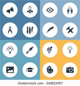 Set Of 16 Simple Visual Art Icons. Can Be Found Such Elements As Image, Business Discussion, Pencil And Other.
