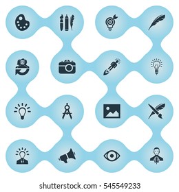 Set Of 16 Simple Visual Art Icons. Can Be Found Such Elements As Leader, Dividers, Entrepreneur And Other.