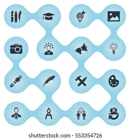 Set Of 16 Simple Visual Art Icons. Can Be Found Such Elements As Leader, Leadership, Project Aim And Other.