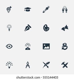 Set Of 16 Simple Visual Art Icons. Can Be Found Such Elements As Academic Cap, Lightbulb, Lightbulb And Other.