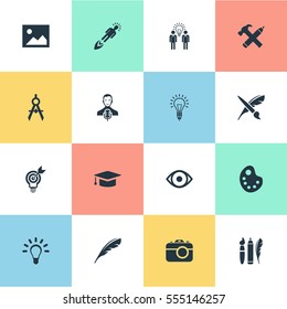Set Of 16 Simple Visual Art Icons. Can Be Found Such Elements As Design Instruments, Drawing Tool, Photo Tool And Other.