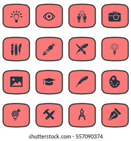 Set Of 16 Simple Visual Art Icons. Can Be Found Such Elements As Photo Tool, Dividers, Project Aim And Other.