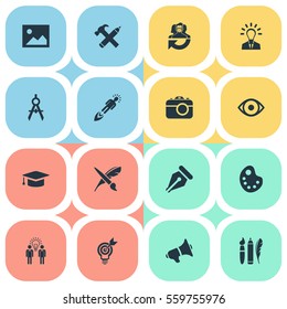 Set Of 16 Simple Visual Art Icons. Can Be Found Such Elements As Leader, Design Instruments, Academic Cap And Other.