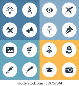 Set Of 16 Simple Visual Art Icons. Can Be Found Such Elements As Bullhorn, Lightbulb, Dividers And Other.