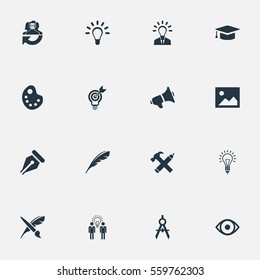Set Of 16 Simple Visual Art Icons. Can Be Found Such Elements As Writing Tool, Brush, Project Aim And Other.