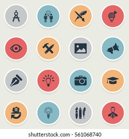 Set Of 16 Simple Visual Art Icons. Can Be Found Such Elements As Leadership, Writing Tool, Photo Tool And Other.