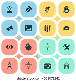 Set Of 16 Simple Visual Art Icons. Can Be Found Such Elements As View, Image, Project Aim And Other.