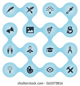 Set Of 16 Simple Visual Art Icons. Can Be Found Such Elements As Pencil, Plume, Bullhorn And Other.