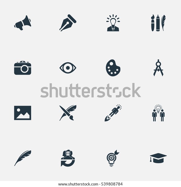 Set Of 16
Simple Visual Art Icons. Can Be Found Such Elements As Writing
Tool, Dividers, Project Aim And
Other.