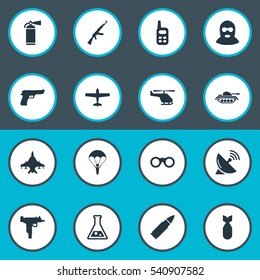 Set Of 16 Simple War Icons. Can Be Found Such Elements As Heavy Weapon, Terrorist, Firearm And Other.