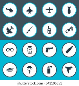 Set Of 16 Simple War Icons. Can Be Found Such Elements As Watch, Extinguisher, Signal Receiver And Other.