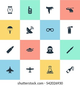 Set Of 16 Simple War Icons. Can Be Found Such Elements As Sky Force, Paratrooper, Air Bomber And Other.