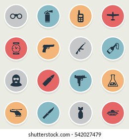Set Of 16 Simple War Icons. Can Be Found Such Elements As Molotov, Nuke, Ammunition And Other.