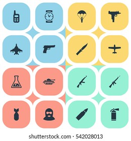 Set Of 16 Simple War Icons. Can Be Found Such Elements As Rifle Gun, Ammunition, Terrorist And Other.