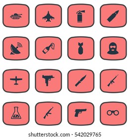 Set Of 16 Simple War Icons. Can Be Found Such Elements As Sky Force, Extinguisher, Molotov And Other.