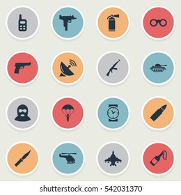Set Of 16 Simple War Icons. Can Be Found Such Elements As Signal Receiver, Cold Weapon, Paratrooper And Other.