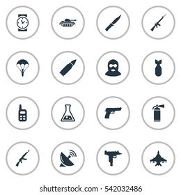 Set Of 16 Simple War Icons. Can Be Found Such Elements As Signal Receiver, Kalashnikov, Heavy Weapon And Other.