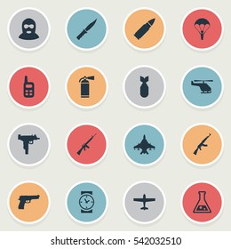 Set Of 16 Simple War Icons. Can Be Found Such Elements As Cold Weapon, Terrorist, Helicopter And Other.