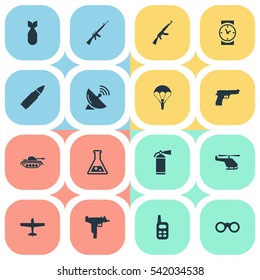 Set Of 16 Simple War Icons. Can Be Found Such Elements As Signal Receiver, Pistol, Walkies And Other.