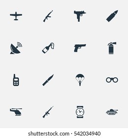 Set Of 16 Simple War Icons. Can Be Found Such Elements As Ammunition, Firearm, Helicopter And Other.
