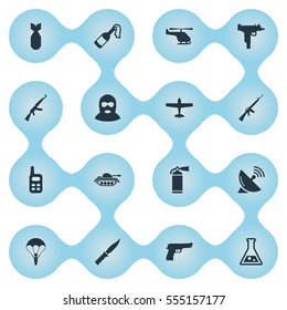 Set Of 16 Simple War Icons. Can Be Found Such Elements As Rifle Gun, Kalashnikov, Nuke And Other.