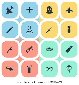 Set Of 16 Simple War Icons. Can Be Found Such Elements As Extinguisher, Field Glasses, Heavy Weapon And Other.