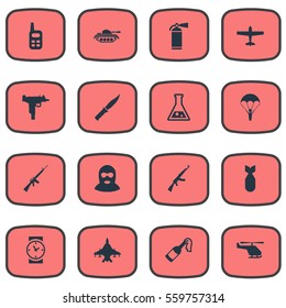 Set Of 16 Simple War Icons. Can Be Found Such Elements As Kalashnikov, Firearm, Chemistry And Other.