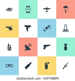 Set Of 16 Simple War Icons. Can Be Found Such Elements As Kalashnikov, Field Glasses, Pistol And Other.